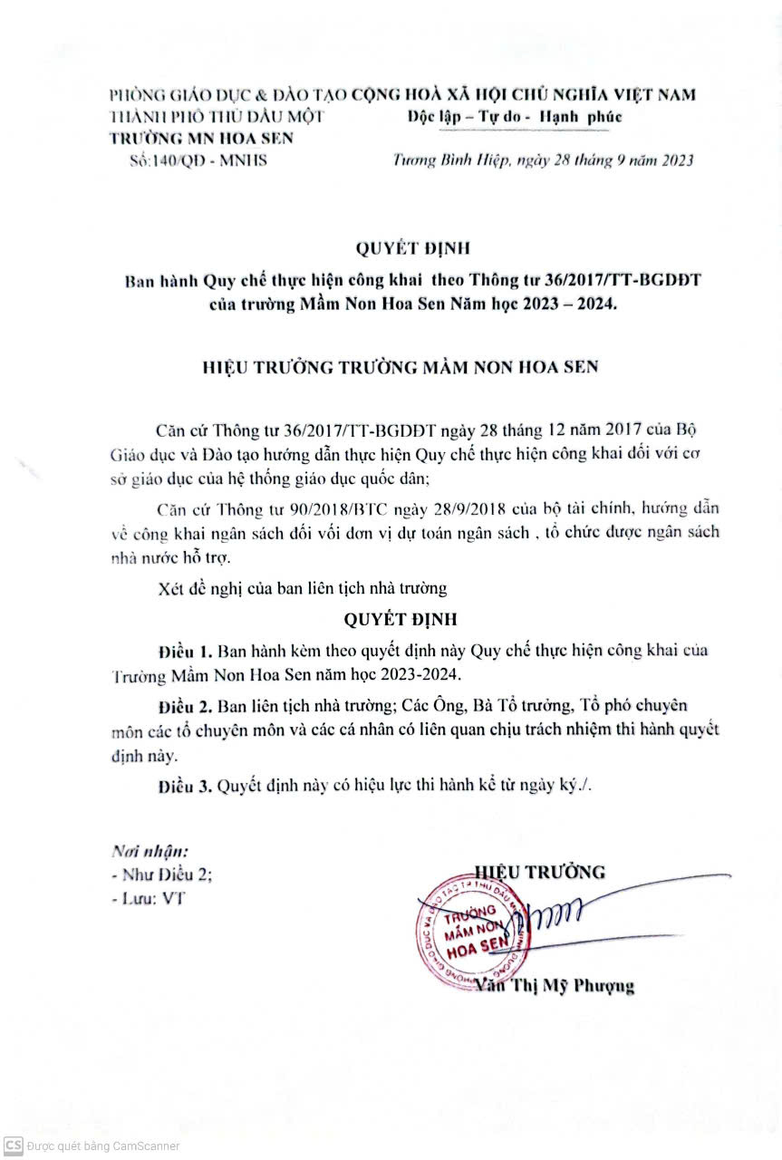 TRƯỜNG MẦM NON HOA SEN  THỰC HIỆN 3 CÔNG KHIAI NĂM HỌC 2023-2024